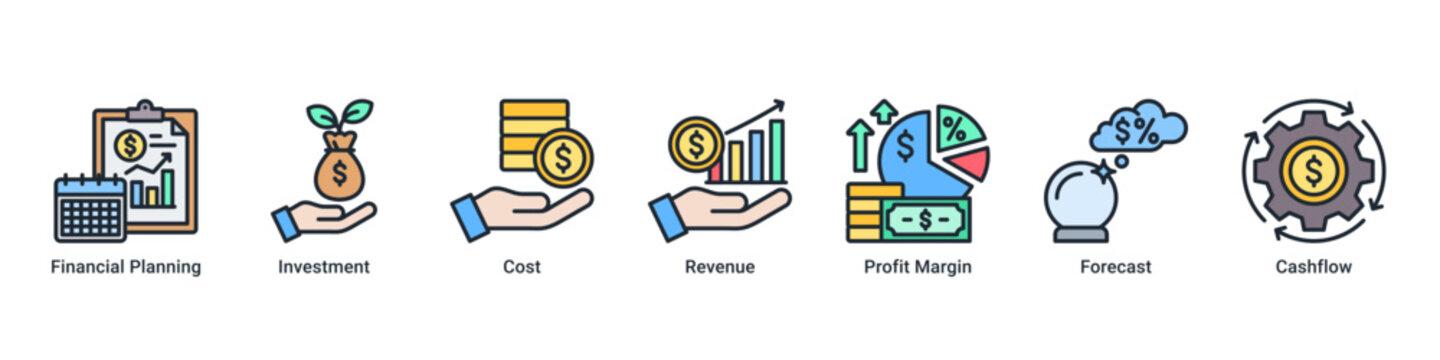 Finance Strategy web banner icon vector illustration with icons of Financial Planning,Investment,Cost,Revenue,Profit Margin,Forecast and Cashflow