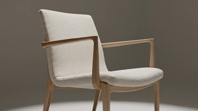 A stylish wooden chair with a cushioned seat and backrest is placed on a white floor against a gray wall.