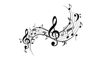 Black music notes and curved staff lines vector illustration