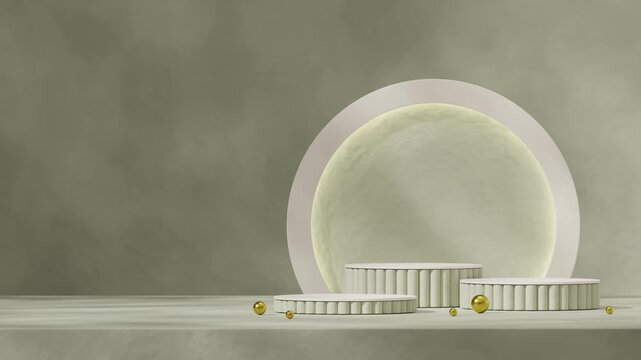 sage green cylinder podium seamless shadow animation looping with white illuminated circle backdrop, rendering 3d footage blank mockup