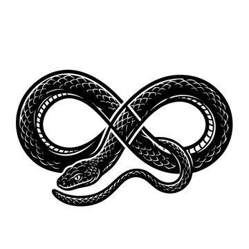 Elegant snake icon coiled in an infinity symbol or figure-eight shape, minimalist black and white serpent logo representing rebirth, eternity, and wisdom.
