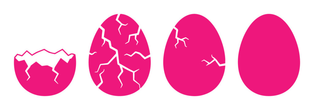 Pink cracked egg icons showing hatching stages, set of 4 vector eggshell evolution symbols, magenta bird egg birth process sequence