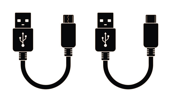 USB cable vector icons, black silhouette of micro USB and type C charging cords, universal serial bus connector set for technology and hardware design