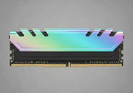 A close up of a computer ram module with a rainbow colored top