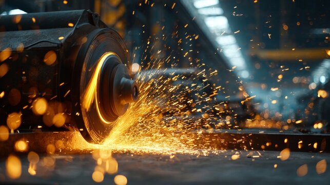 Electric wheel grinding steel in factory, industrial process scene 