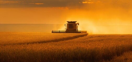 Fototapeta premium The Combine Harvester Working Through Golden Wheat At Sunset In Vast Rural Field