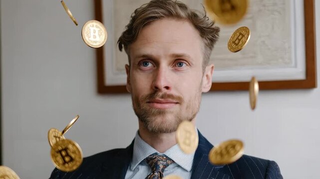 Business professional smiling calmly as golden Bitcoin coins descend, expressing confidence, prosperity, market success, virtual currency growth, and secure investment outlook