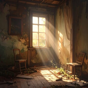 Abandoned room with sunlight through window and chairs