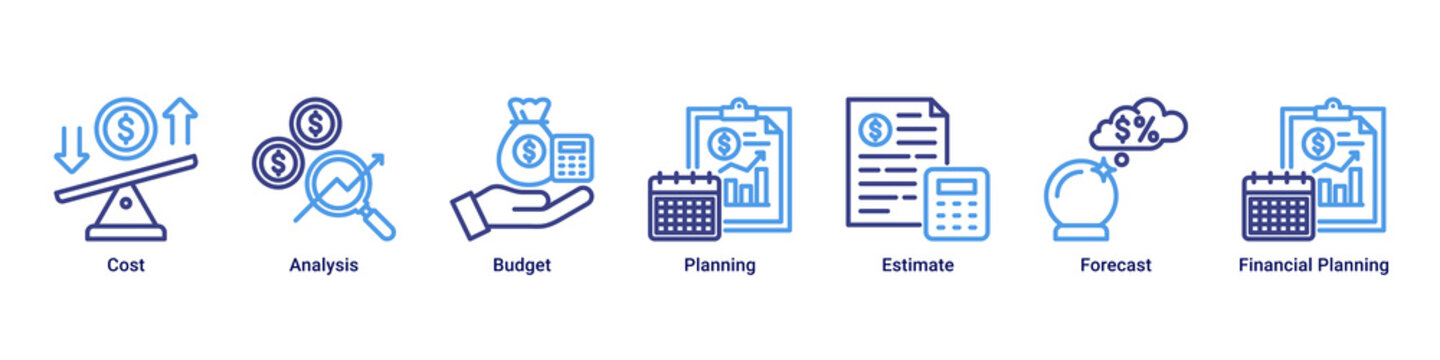 Cost Strategy web banner icon vector illustration with icons of Cost,Analysis,Budget,Planning,Estimate,Forecast and Financial Planning