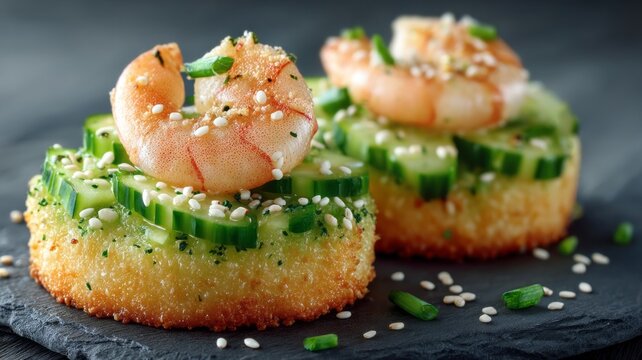 Crispy rice base holds fresh cucumber slices and grilled shrimp