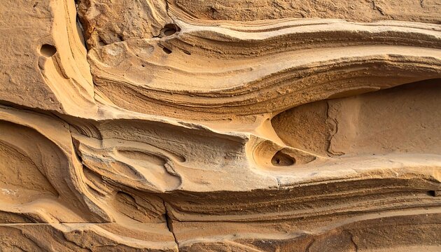 Close-up of eroded sandstone layers, revealing intricate textures and formations with rounded cavities. The warm colors create an inviting geological composition