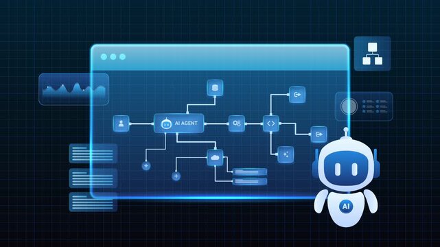 Futuristic AI automation workflow network diagram dashboard system processing flow with automation pipelines, document management, database and automation system, looped animation