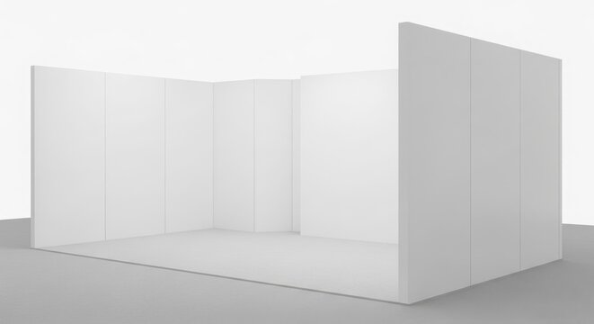 Empty white exhibition booth with three walls and a light grey floor, ready for customization.