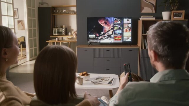 Rear shot of young Caucasian mother, father and daughter relaxing together on couch at home, choosing sci-fi thriller movie to watch on smart TV with online streaming service subscription