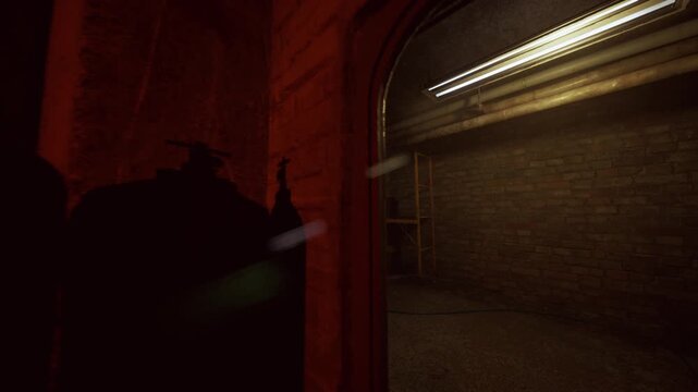 dim basement corridor with workbench and industrial machine under low fluorescent light, brick walls and scattered tools create moody utility scene for mechanic