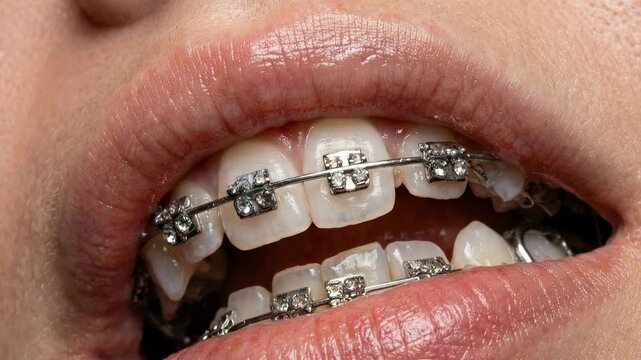 Close view of smiling mouth with dental braces and metal brackets reflecting studio light highlighting orthodontic treatment and modern dentistry aesthetics