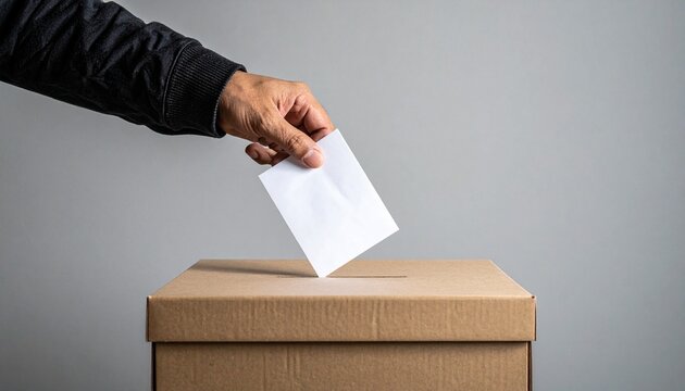 Hand placing ballot in box during election process.