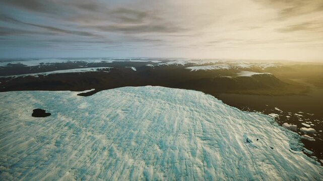 Glacier edge receding into dark sea with visible erosion and fragmented floes, aerial perspective highlights impact on shoreline communities and need