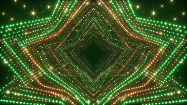 A dazzling tunnel of green and orange lights forming a diamond shape.