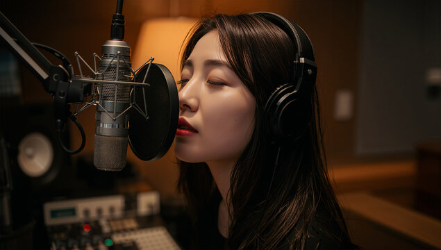 夜のレコーディングで歌に向き合う日本人女性、あたたかな光に包まれた制作時間