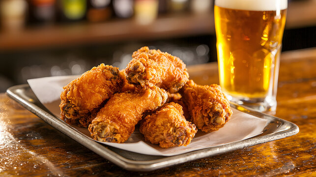 Delicious fried chicken wings in breadcrumbs next to a glass of beer on the table
