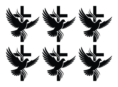 Religious Christian cross with flying dove silhouettes, set of 6 spiritual bird icons, black church symbols for funeral and memorial designs