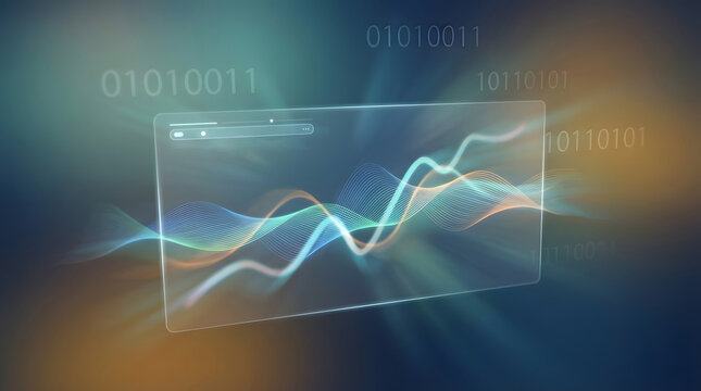 Transparent glass screen with glowing data waves and binary. Financial analytics and market trends. Digital interface displaying fluctuating graphs and code