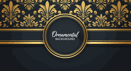 Luxury Gold Ornamental Background with Fleur-de-lis Damask Pattern on Dark Navy Blue © Budak