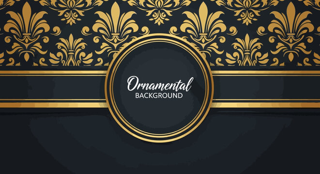 Luxury Gold Ornamental Background with Fleur-de-lis Damask Pattern on Dark Navy Blue