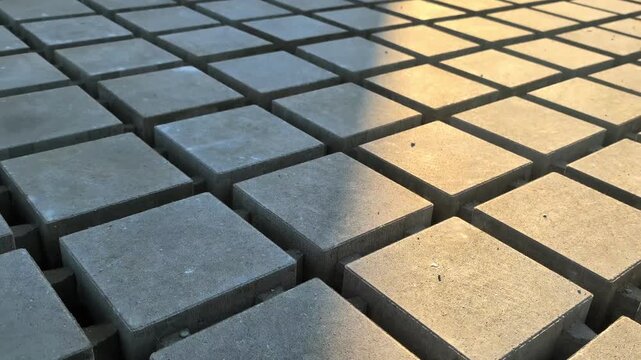 Concrete eco-pavers grid texture. Horizontal panning shot of geometric industrial stone pavement with golden hour sunlight and deep shadows.