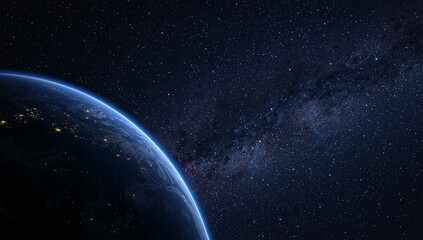 Fototapeta premium 地球の都市光が印象的に輝く宇宙背景素材