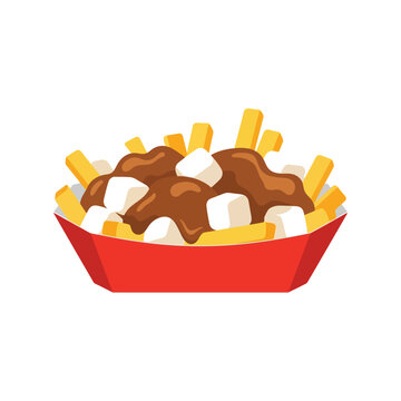 Poutine vector illustration of French fries with gravy and cheese curds in red container on white background