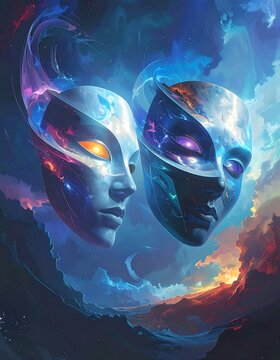 Two surreal futuristic masks against a vibrant cosmic backdrop