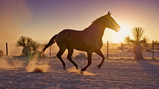 Dark horse gallops across sandy desert floor at sunset. Powerful animal runs through dust near fence. Silhouette of horse running against orange sky. Wild stallion moves fast in nature. Equine freedom