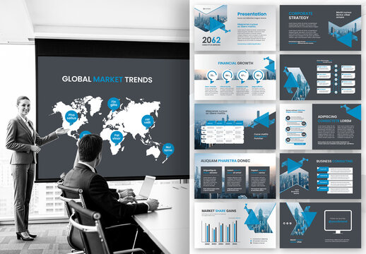 Modern Blue Corporate Business Presentation Template with Global Financial Market Theme