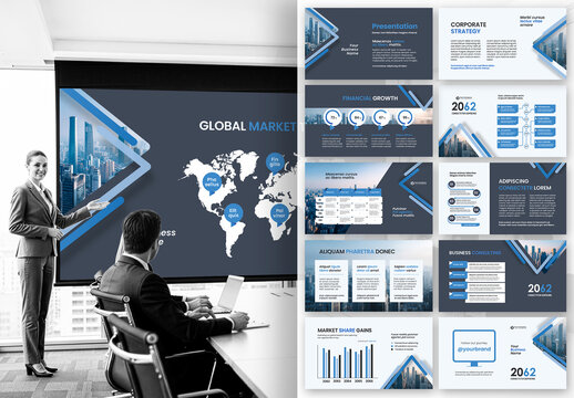 Modern Blue Corporate Business Presentation Template with Global Financial Market Theme