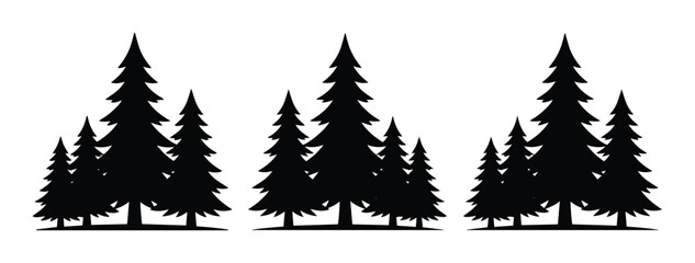 Black pine tree silhouettes, evergreen forest vector set, minimalist coniferous woodland icons for outdoor adventure and nature branding © Asma