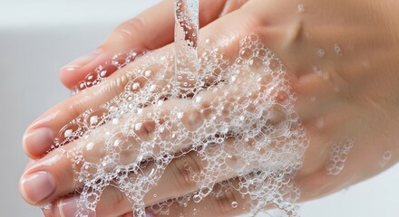 Fototapeta premium Person's hands are thoroughly cleaned with abundant soap and water; em