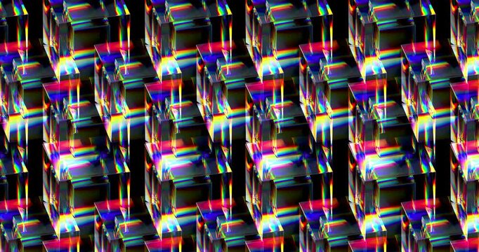 Seamless pattern of glass cubes with continuous rainbow refraction across the entire surface.