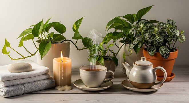 Healthy day concept with soothing tea; lush plants; and a glowing cand