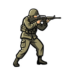 Fototapeta premium Soldier aiming rifle, military uniform, combat stance, action pose, army, war, defense