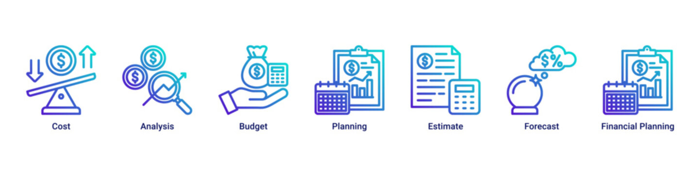 Cost Strategy web banner icon vector illustration with icons of Cost,Analysis,Budget,Planning,Estimate,Forecast and Financial Planning