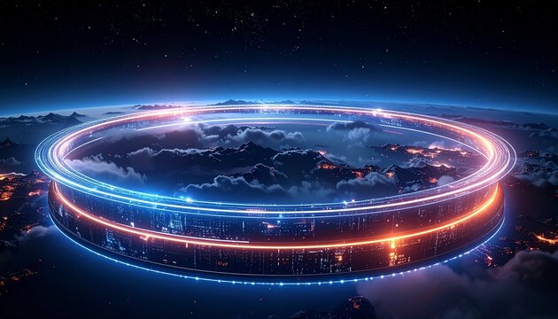 Glowing Concentric Light Circles With Digital Rain in Communication Concept