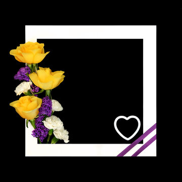 Celebration of life funeral memorial tribute card on black background white frame border, rose, carnation flowers, symbolic purple ribbon and heart. 