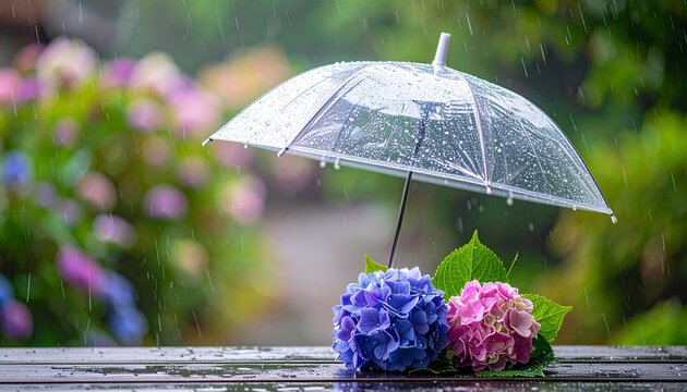 Hydrangea Bouquet Under Transparent Umbrella on Wet Wooden Deck in Rain