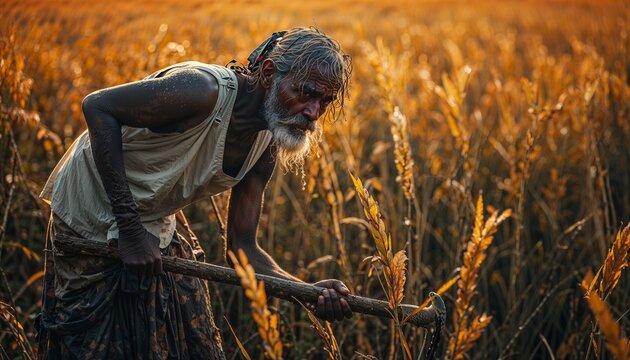 Raw, candid photograph of a middle-aged, slender Bangladeshi farmer drenched in sweat, harvesting ripe golden paddy with a sickle under the sun.
