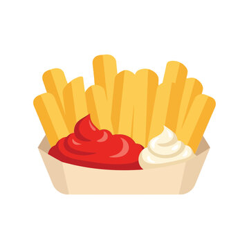 French fries with ketchup and mayonnaise in tray vector illustration isolated on white