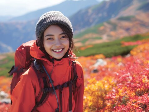 色鮮やかな紅葉が広がる秋の山で登山を楽しむニット帽を被った笑顔の女性のポートレート