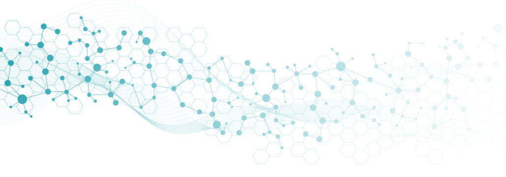 Modern abstract molecules structure for science or medical background. DNA helix or atom visualization. Molecular wave flow abstract background. Vector illustration