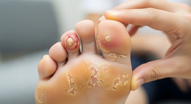 Close up of a person's foot showing painful corns and calluses on the toes and sole.